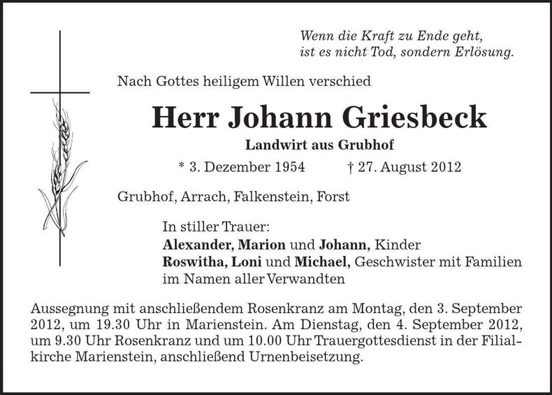 Traueranzeige Johann Griesbeck