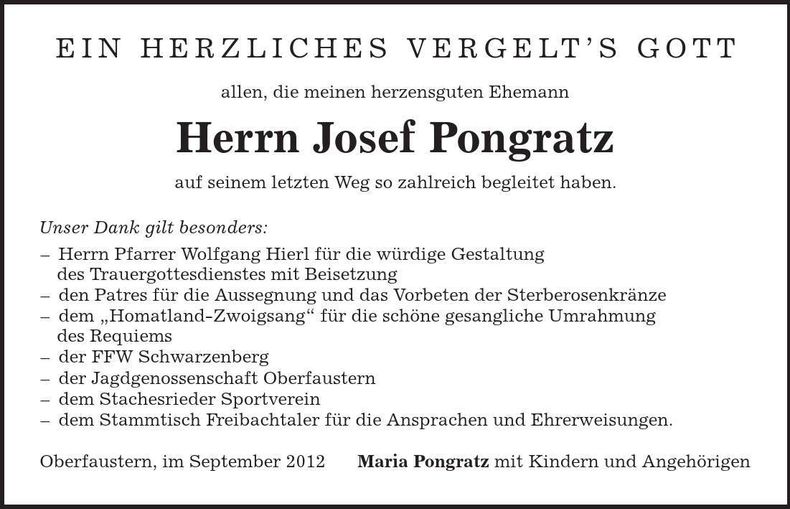 Traueranzeige Josef Pongratz