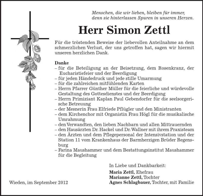 Traueranzeige Simon Zettl