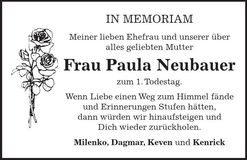 Traueranzeige Paula Neubauer