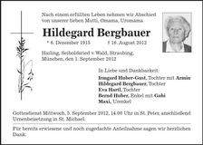 Traueranzeige Hildegard Bergbauer
