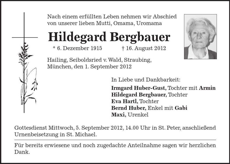 Traueranzeige Hildegard Bergbauer