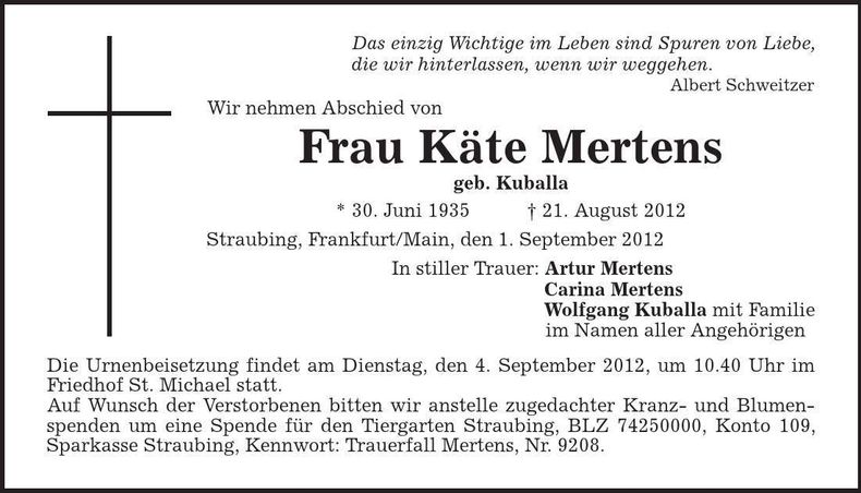 Traueranzeige Käte Mertens