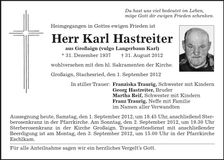 Traueranzeige Karl Hastreiter