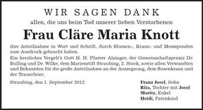 Traueranzeige Cläre Maria Knott