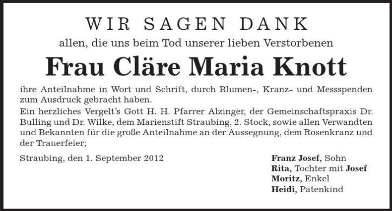 Traueranzeige Cläre Maria Knott