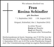 Traueranzeige Rosina Schindler