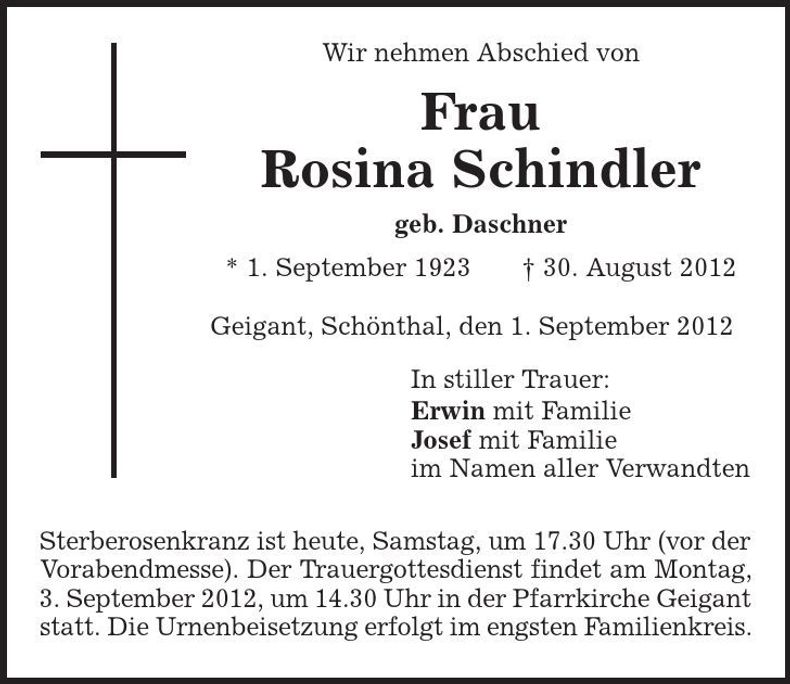 Traueranzeige Rosina Schindler