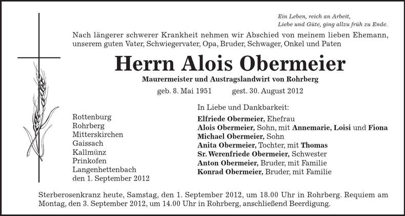 Traueranzeige Alois Obermeier