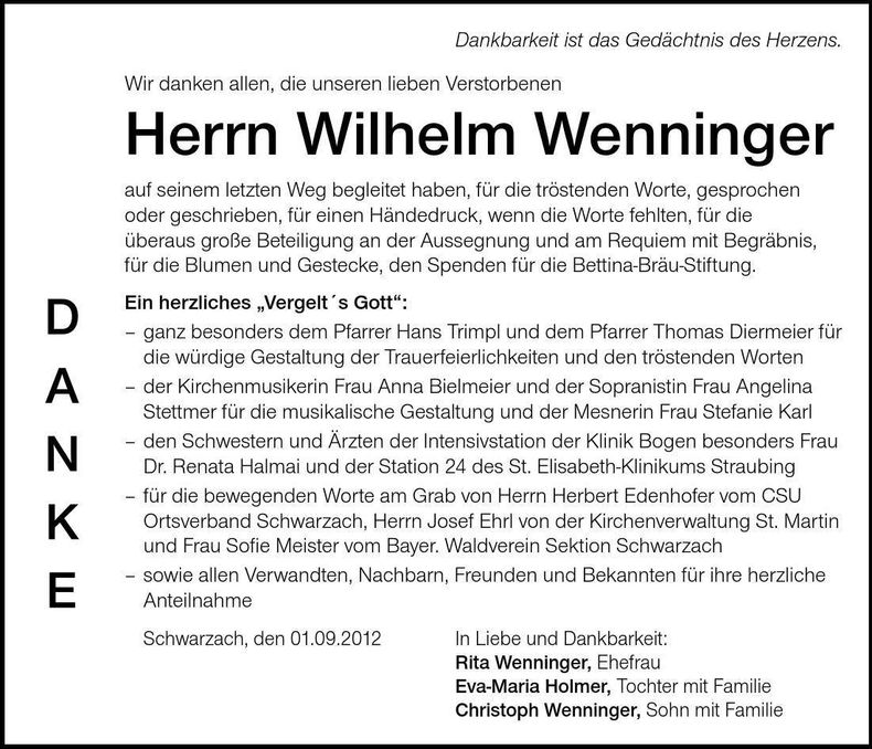 Traueranzeige Wilhelm Wenninger