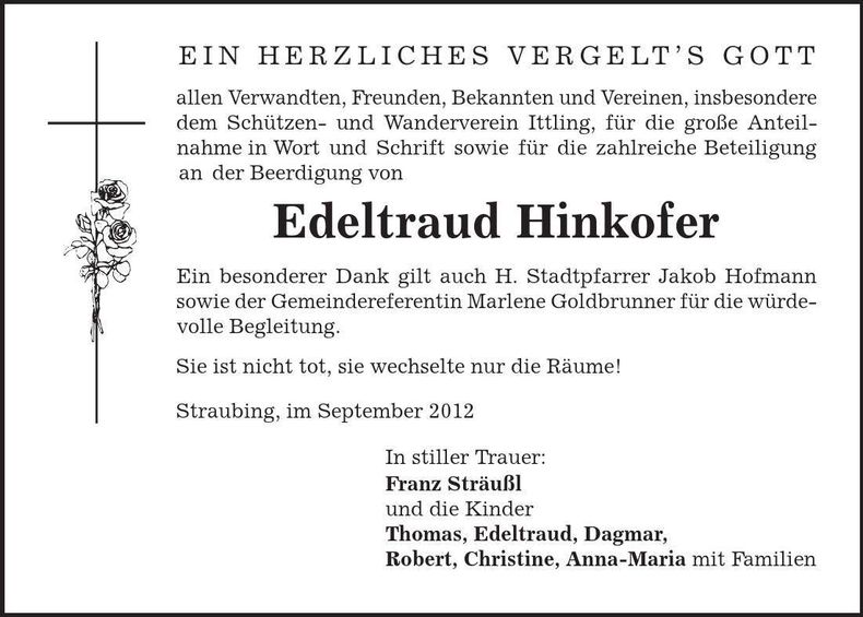 Traueranzeige Edeltraud Hinkofer