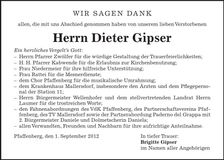 Traueranzeige Dieter Gipser