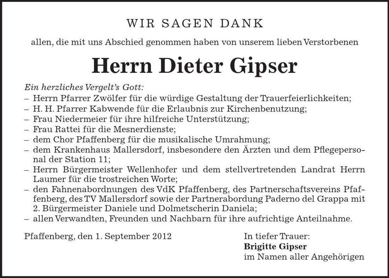 Traueranzeige Dieter Gipser