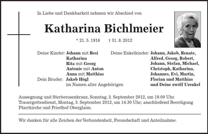 Traueranzeige Katharina Bichlmeier