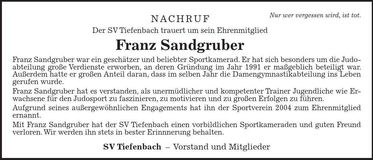Traueranzeige Franz Sandgruber