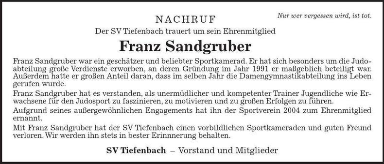 Traueranzeige Franz Sandgruber