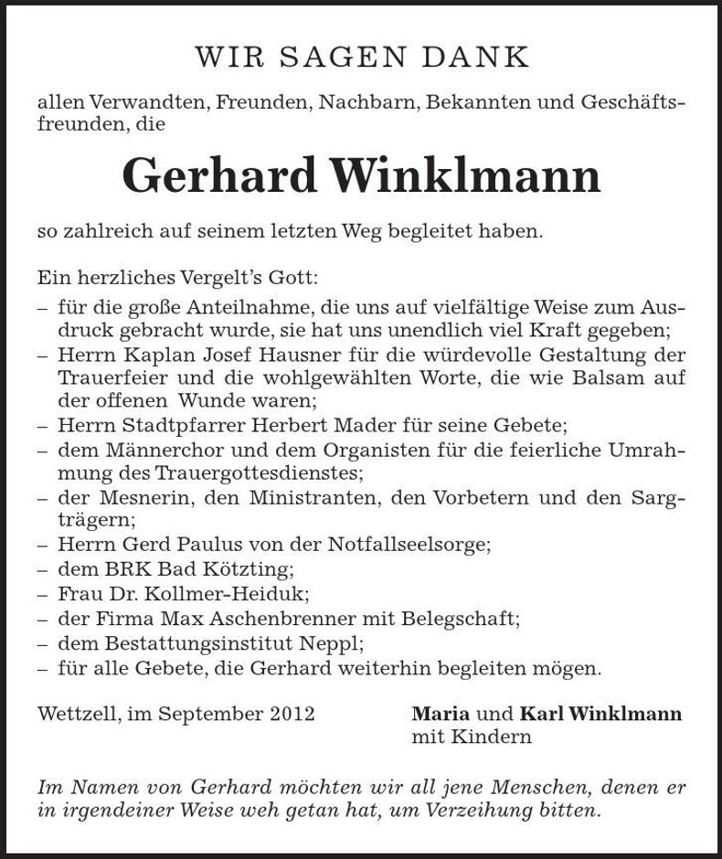Traueranzeige Gerhard Winklmann