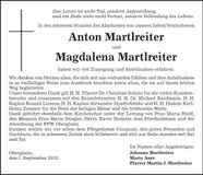 Traueranzeige Anton und Magdalena Martlreiter