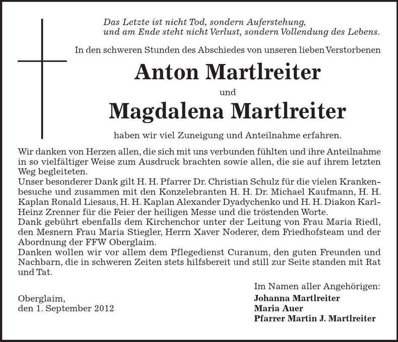 Traueranzeige Anton und Magdalena Martlreiter