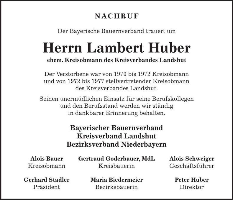 Traueranzeige Lambert Huber