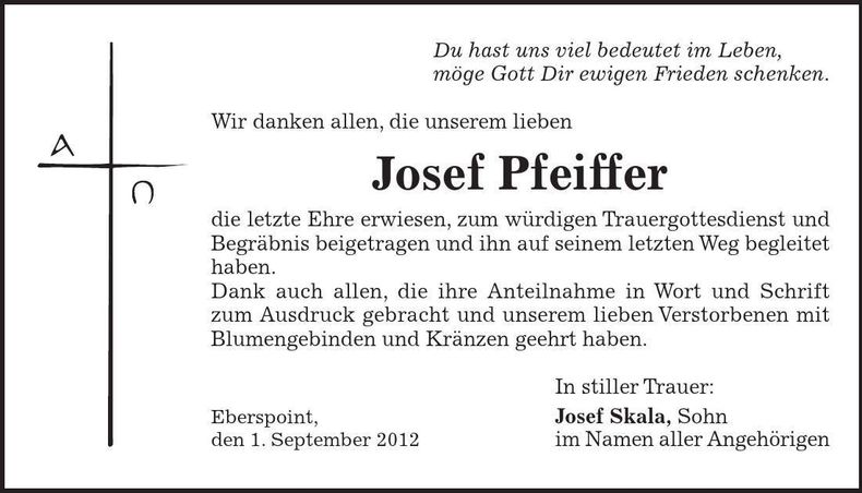 Traueranzeige Josef Pfeiffer