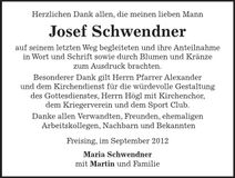 Traueranzeige Josef Schwendner