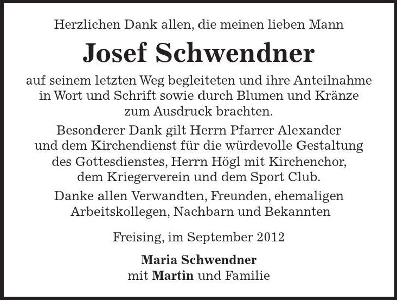 Traueranzeige Josef Schwendner