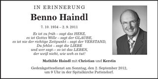 Traueranzeige Benno Haindl