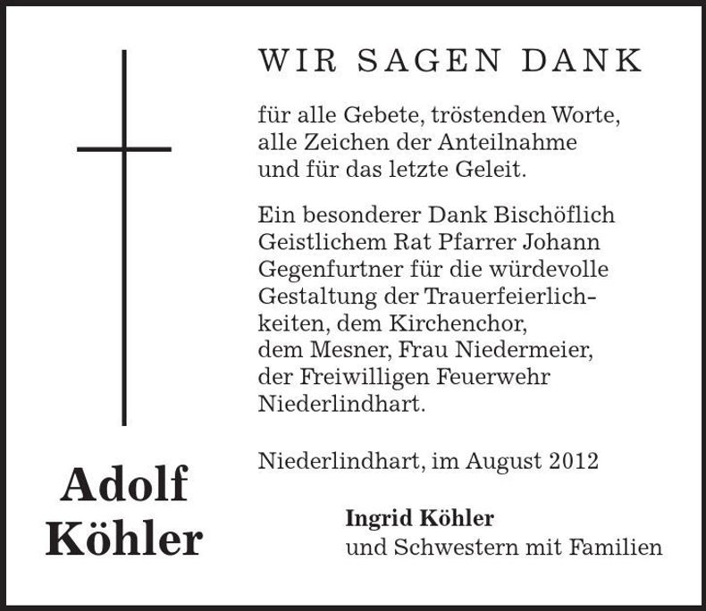 Traueranzeige Adolf Köhler