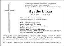 Traueranzeige Agathe Lukas