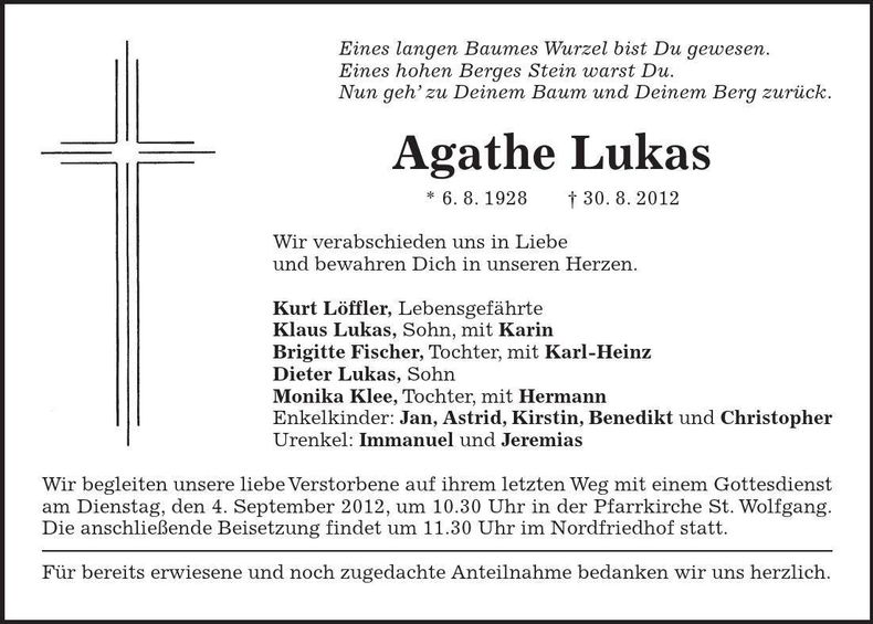 Traueranzeige Agathe Lukas