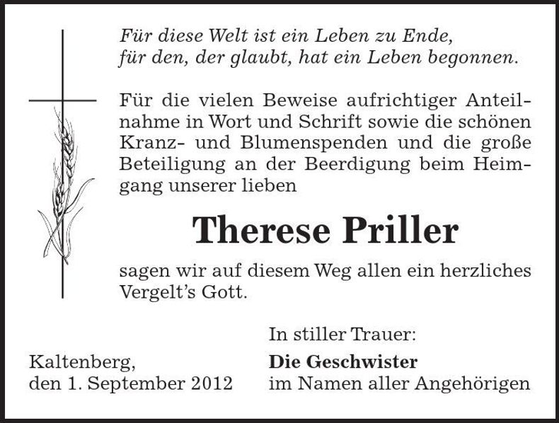 Traueranzeige Therese Priller
