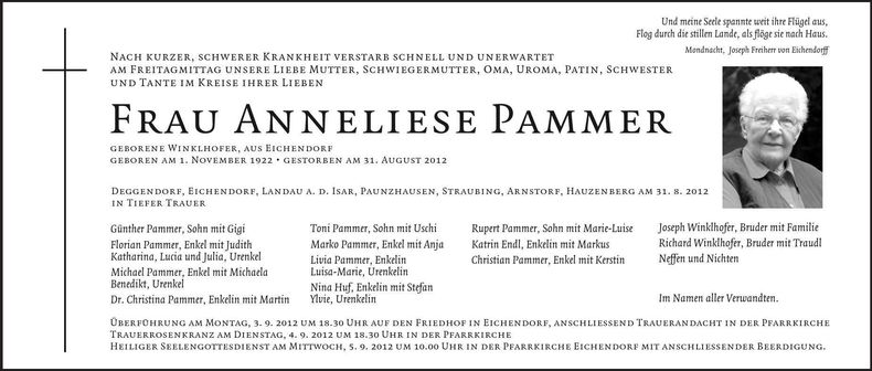 Traueranzeige Anneliese Pammer