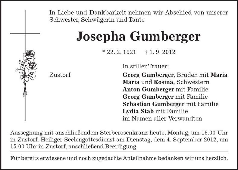 Traueranzeige Josepha Gumberger