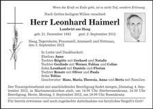 Traueranzeige Leonhard Haimerl