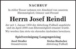 Traueranzeige Josef Reindl