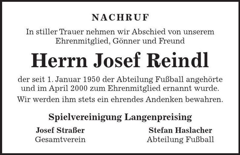 Traueranzeige Josef Reindl