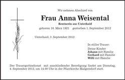 Traueranzeige Anna Weisental