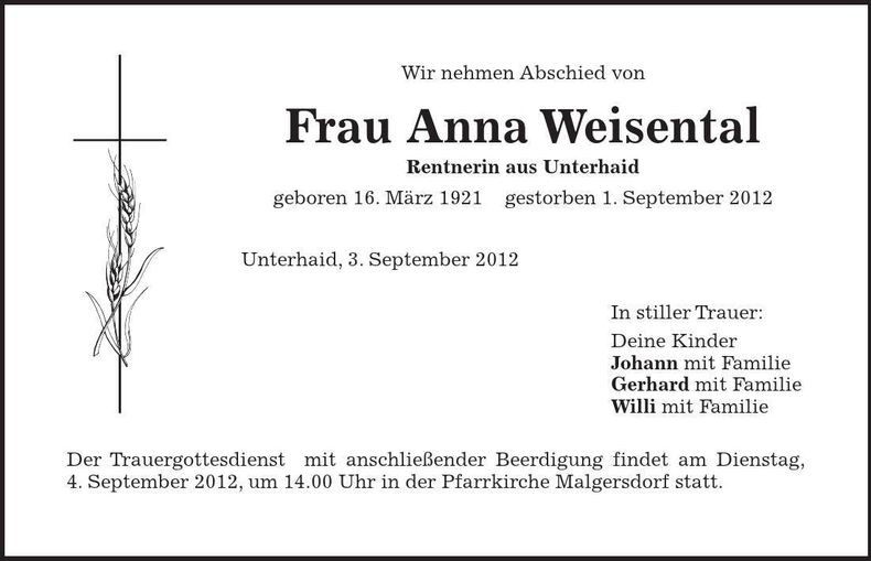 Traueranzeige Anna Weisental
