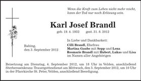 Traueranzeige Josef Brandl