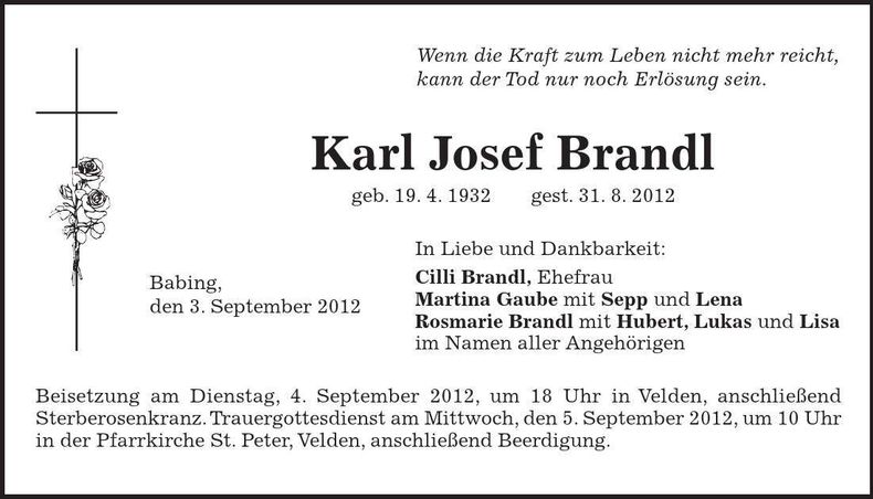 Traueranzeige Josef Brandl