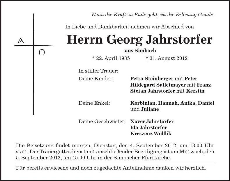 Traueranzeige Georg Jahrstorfer