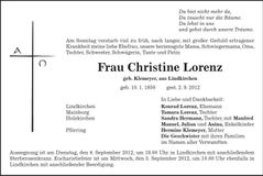 Traueranzeige Christine Lorenz