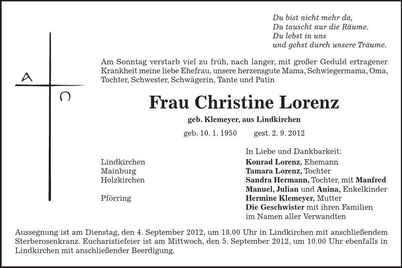 Traueranzeige Christine Lorenz