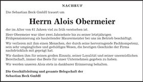 Traueranzeige Alois Obermeier