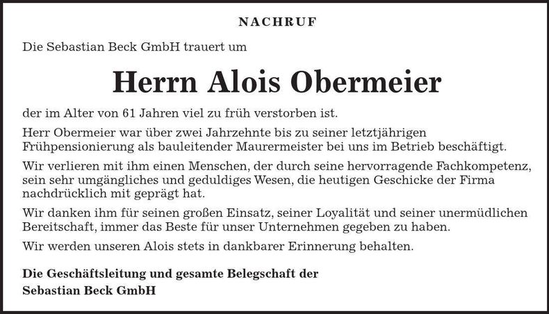 Traueranzeige Alois Obermeier