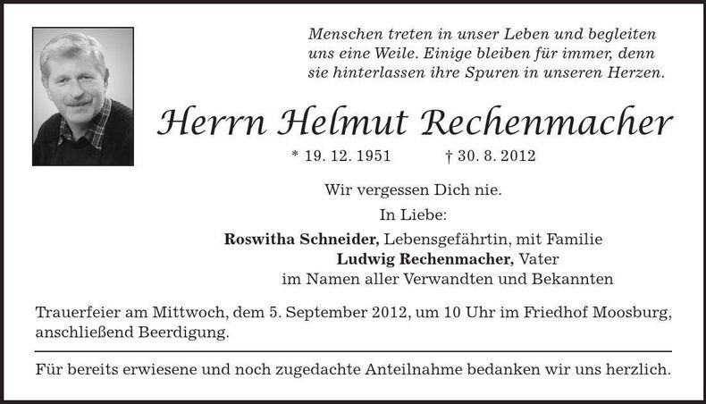 Traueranzeige Helmut Rechenmacher