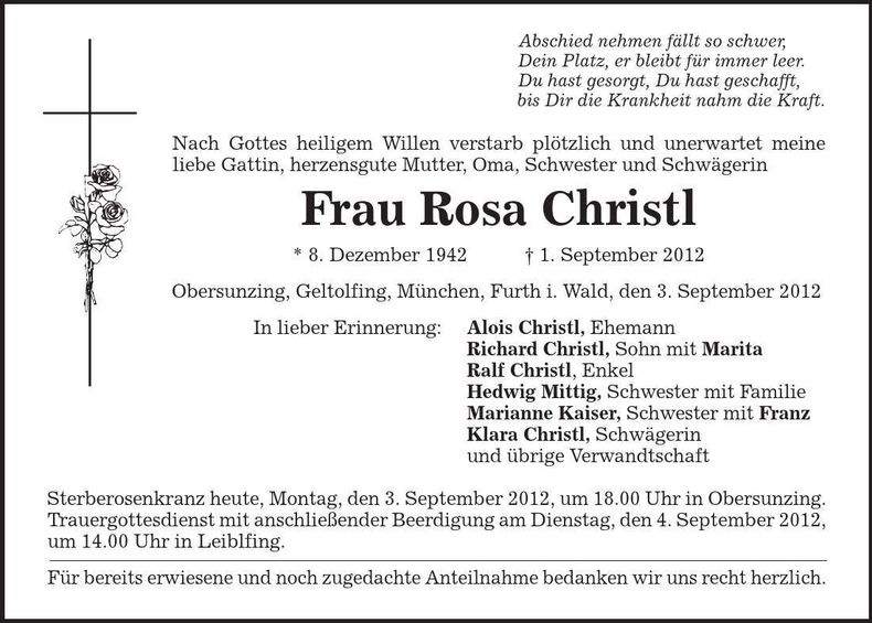 Traueranzeige Rosa Christl