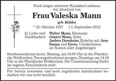 Traueranzeige Valeska Mann