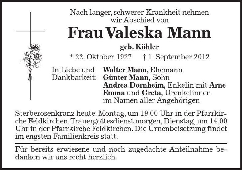 Traueranzeige Valeska Mann